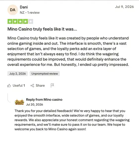 Screenshot der Bewertung von Dani zu Minocasino, 4 Sterne