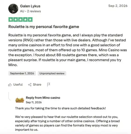 Screenshot der Bewertung von Galen Lykus zu Minocasino, 5 Sterne