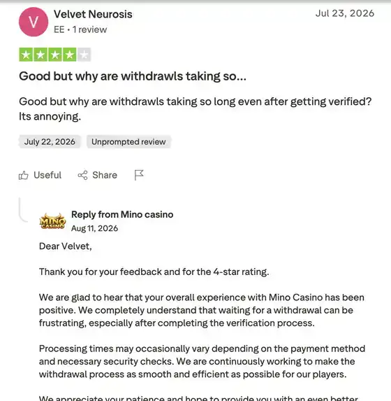 Screenshot der Bewertung von Velvet Neurosis zu Minocasino, 4 Sterne